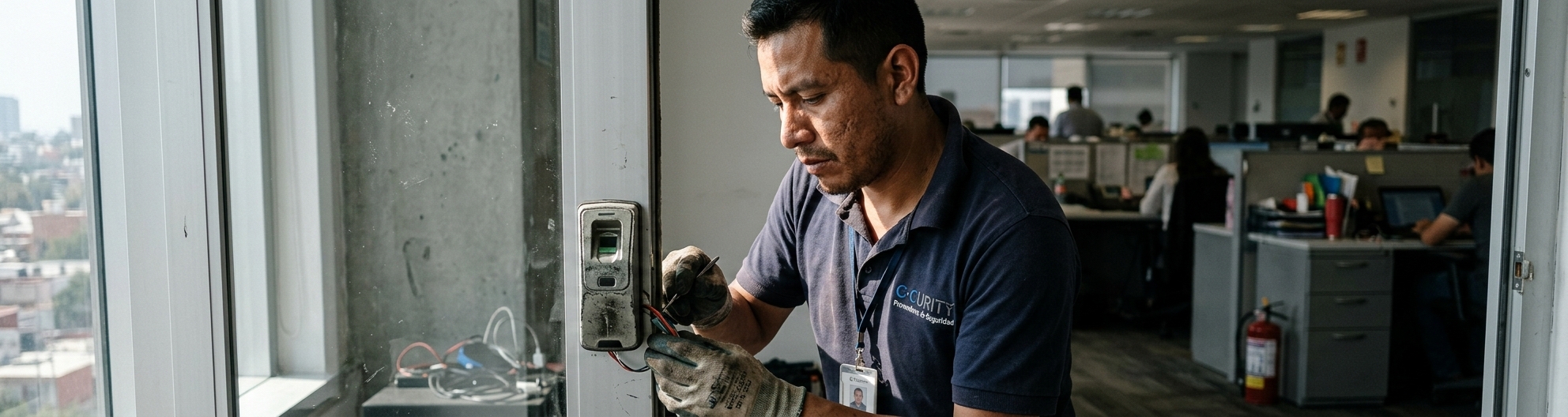 Técnico de C-CURITY ajustando biométrico en puerta de cristal