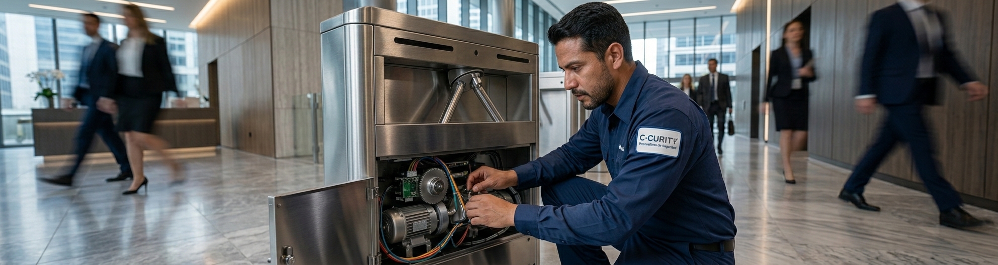 Ingeniero dando mantenimiento preventivo a torniquetes de acero