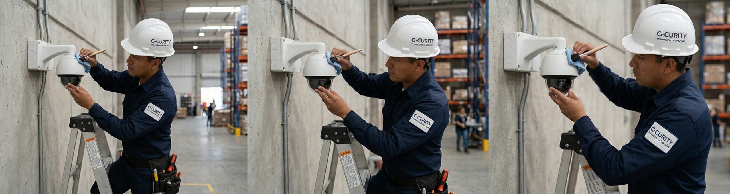 Técnico realizando mantenimiento preventivo a cámara PTZ