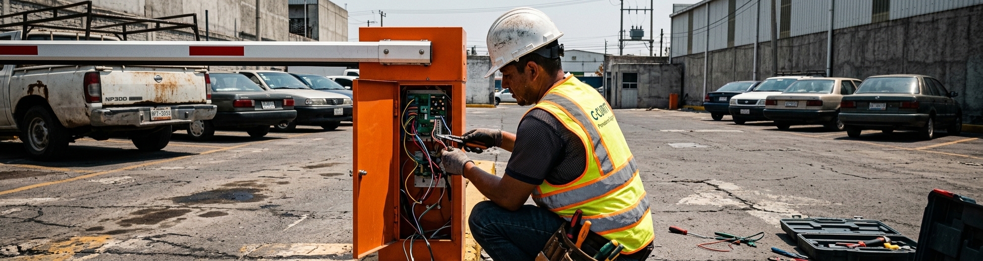 Técnico C-CURITY calibrando mecanismos de barrera vehicular